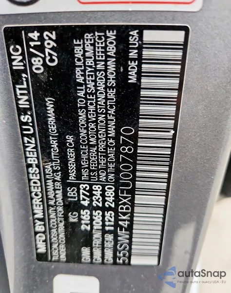 2015 Mercedes-Benz C 300 4Matic из США, поврежденный, VIN 55SWF4KBXFU007870